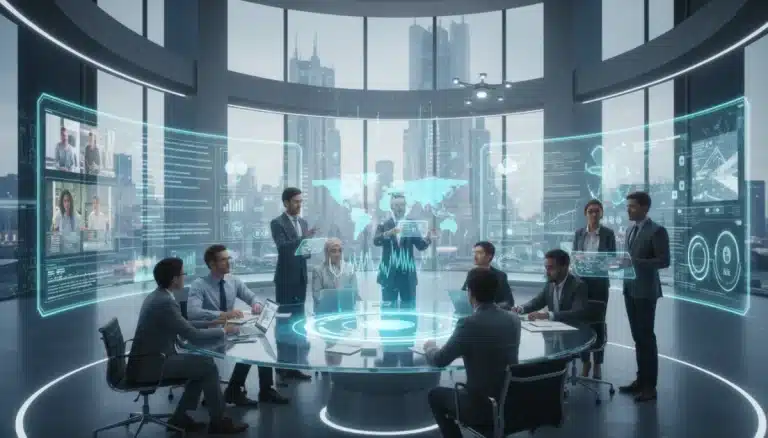 Professionals collaborating in a futuristic office, digital interfaces