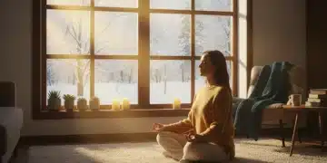 Woman meditating in sunlit room for SAD relief in winter