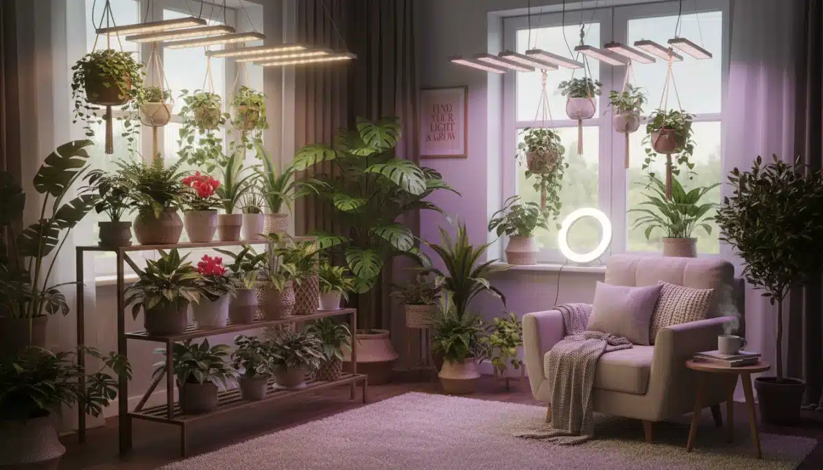Indoor garden with grow lights for light therapy and natural well-being