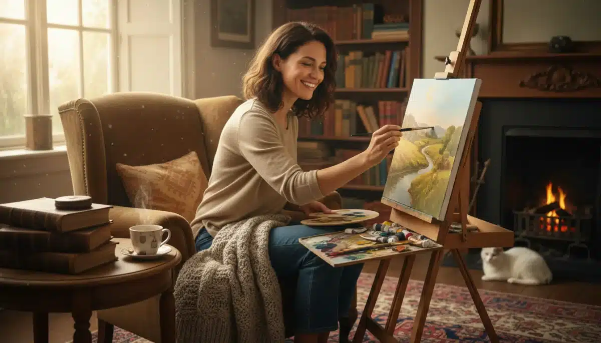 Person enjoying a non-digital hobby like painting or reading