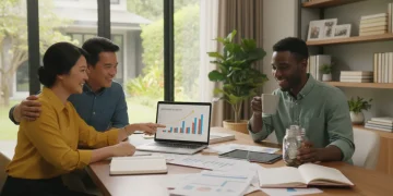 Couple and individual happily planning retirement finances with laptop and documents for 2026