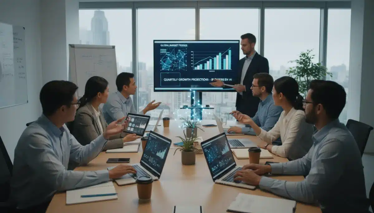 Team collaborating on data analytics and AI projects in a modern office