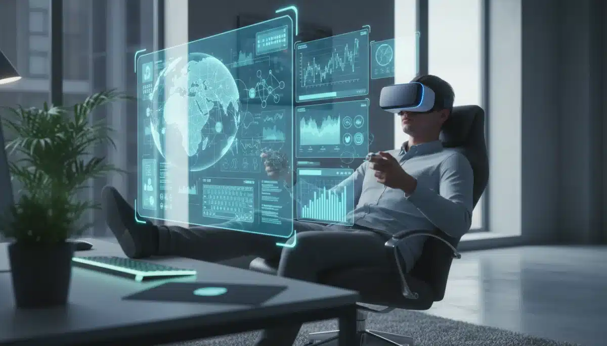 Professional using VR headset in virtual workspace